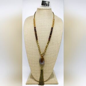 Earthy Glass Bead & Stone Tassel Pendant Necklace by Anthropologie NWT